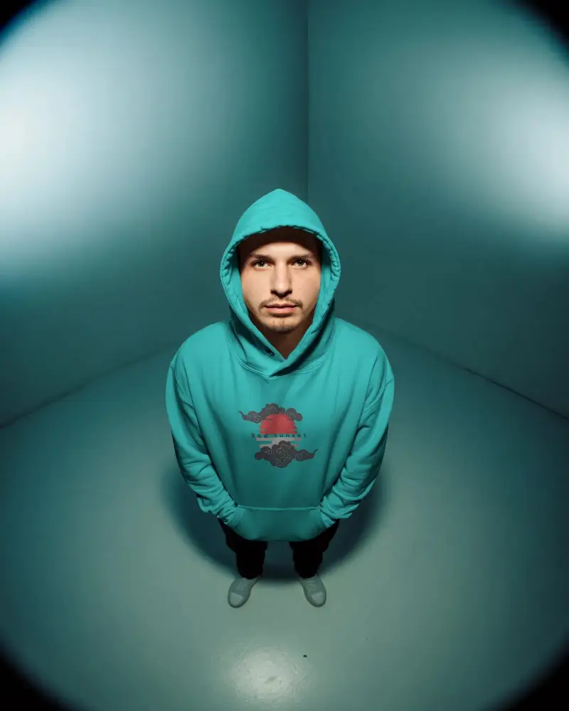 Modern Urban Men Hoodie Mockup Full View Minimalistic Style Fashionable Streetwear Pullover Design