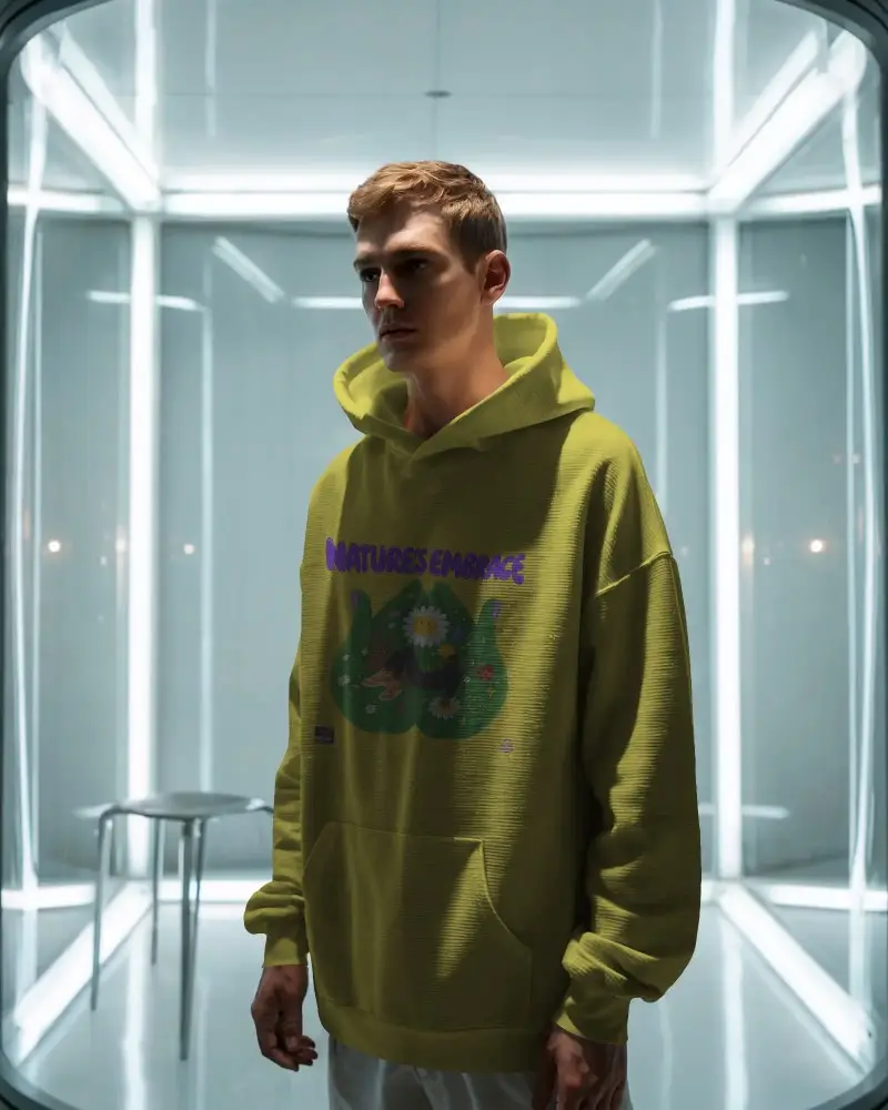 Modern Hoodie Mockup For Men With Urban Futuristic Glassroom Background And Casual Style