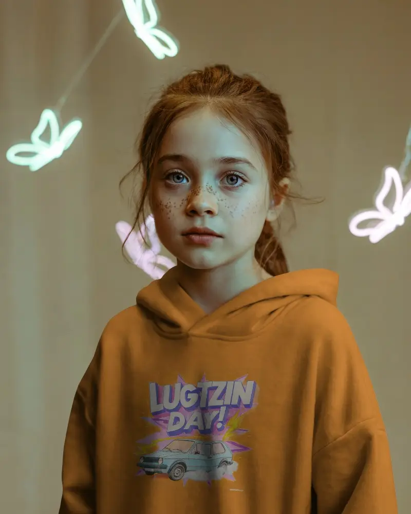 Whimsical Neon Butterfly Hoodie Mockup Young Girl Freckled Face Soft Lighting Playful Ambience
