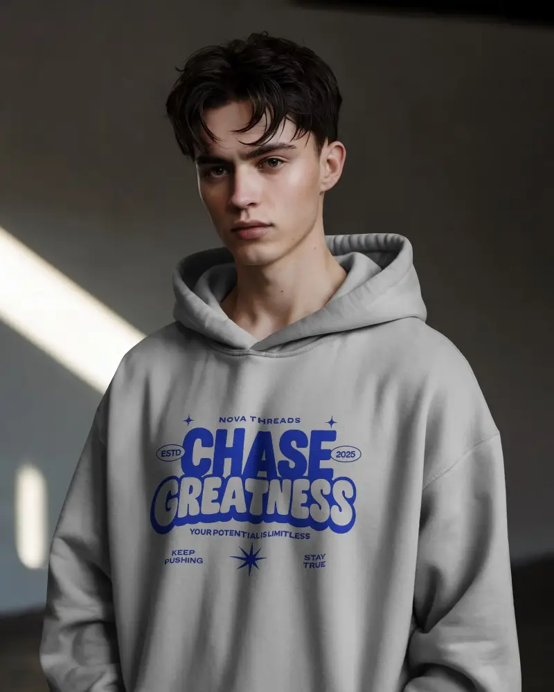 Cinematic Shadow Hoodie Mockup Male Model Intense Gaze Studio Light Directional Dramatic Mood