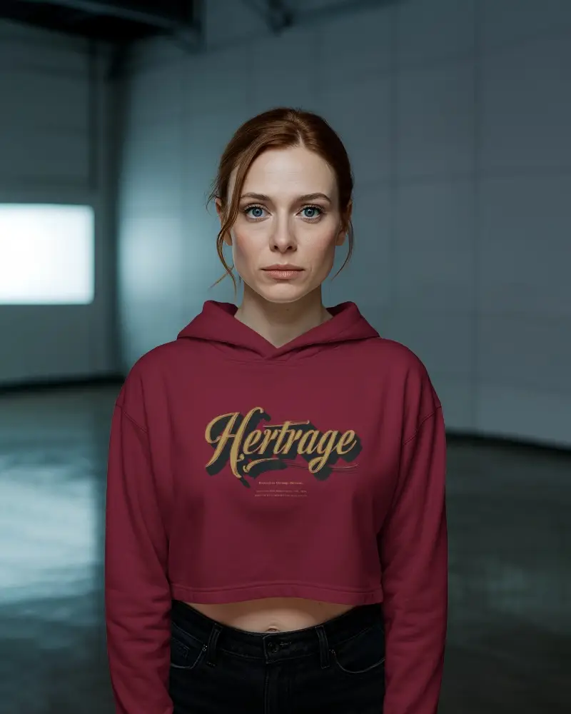 Mid Age Casual Cropped Hoodie Mockup On Woman Standing Against Modern Industrial Background