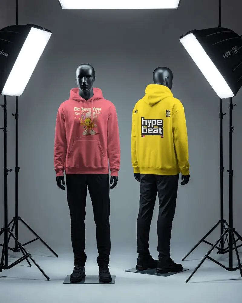 Apparel Photography Plain Hoodie Mockup Worn By Mannequin In Modern Studio Setting