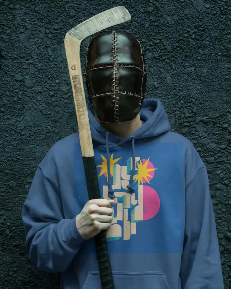 Mens Loose Fit Hoodie Mockup Sportswear Man With Vintage Leather Mask Hockey Stick Aggressive