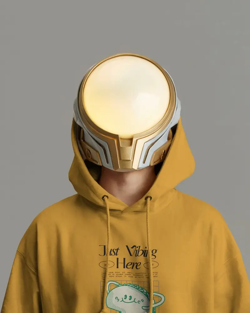 Innovative Hoodie Mockup Futuristic Helmet Look Mixed With Trendy Streetwear Graphic Fashion