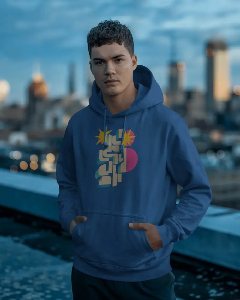 Modern Male Hoodie Mockup On Rooftop With City Lights In Background Dusk Urban Style