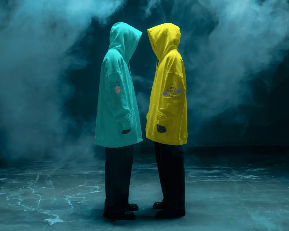 Cinematic Dual Hoodie Mockup Two Figures Facing Each Other In Moody Smoke Filled Ambience