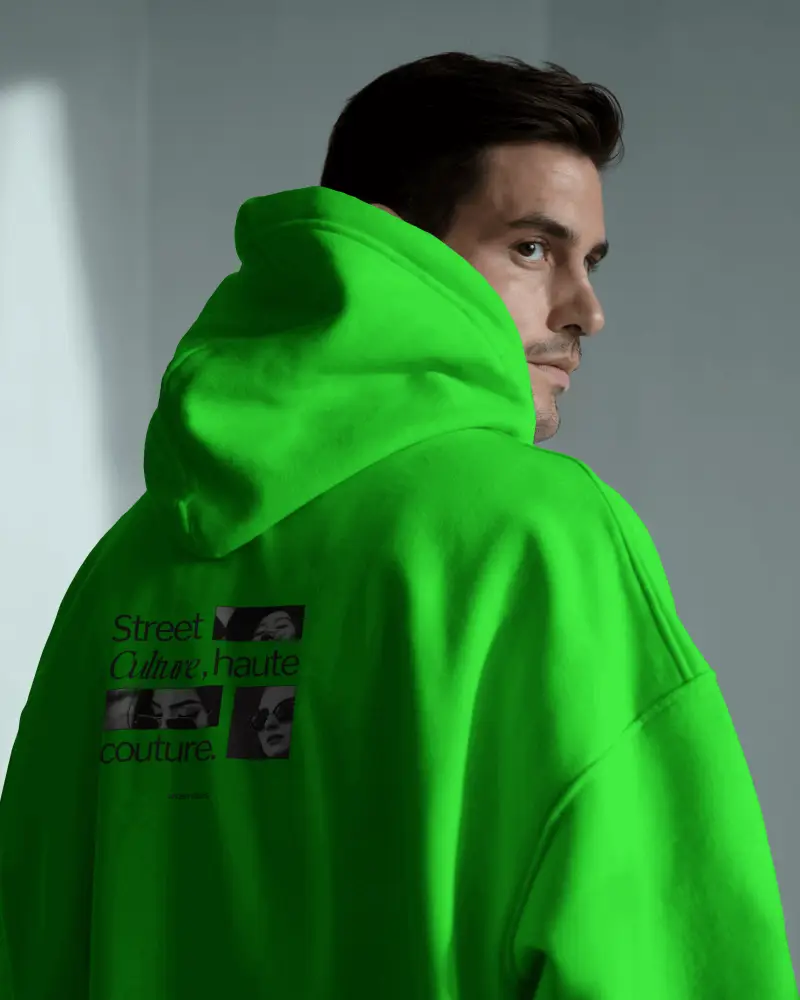 Male Model Hoodie Mockup Back View Soft Lighting Stylish Urban Fashion Editorial Look
