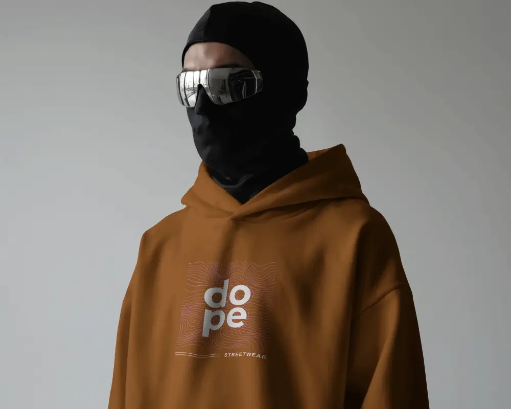 Cyberpunk Hoodie Mockup Masked Model With Reflective Glasses In Dark Minimal Lighting