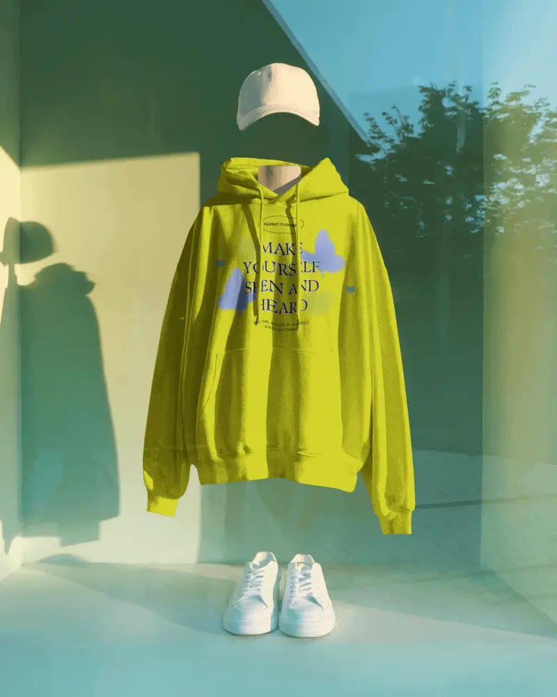 Floating Hoodie Mockup With White Sneakers And Cap In Colorful Glass Display Scene