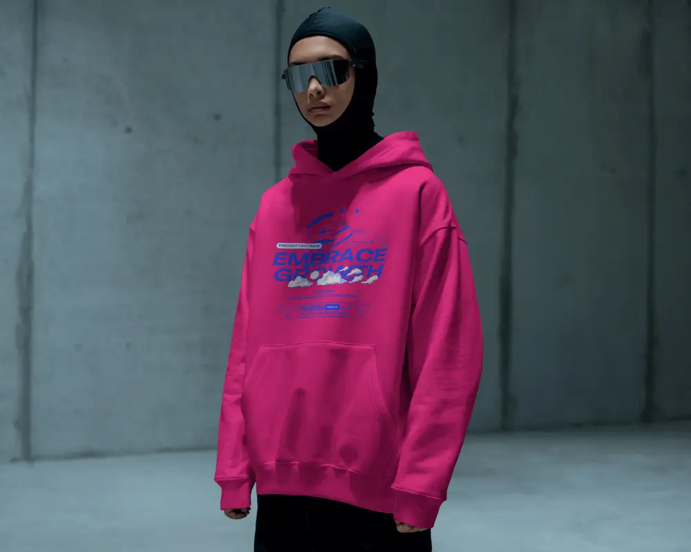 Streetwear Hoodie Mockup Futuristic Model With Visor In Industrial Underground Setting
