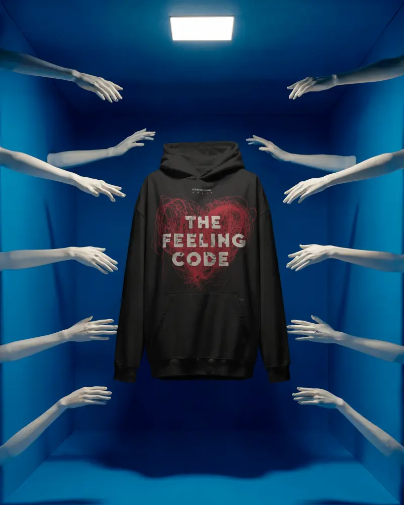 Surreal Hoodie Mockup Floating Garment Surrounded By Reaching Hands In Bold Blue Box