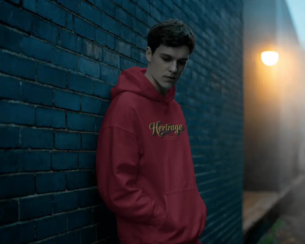 Moody Alley Hoodie Mockup Male Model Against Brick Wall Under Streetlight Night Scene