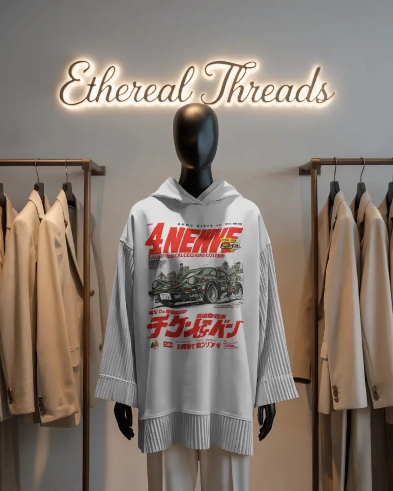 Luxury Boutique Hoodie Mockup On Mannequin With Clothing Rack And Glow Sign Display
