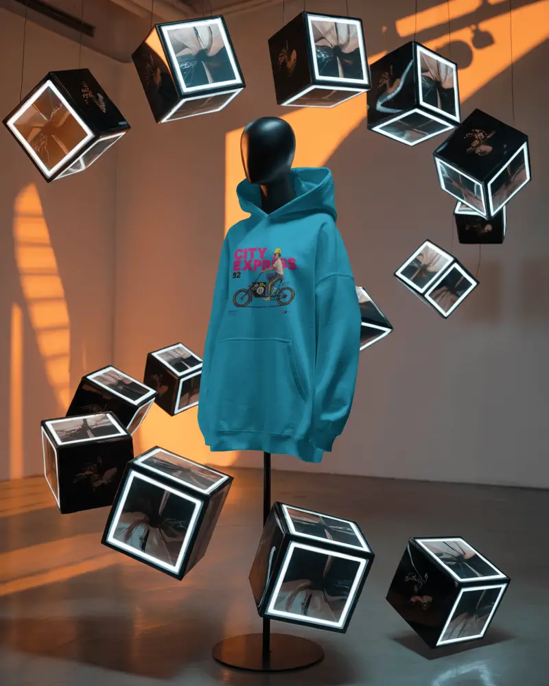 Futuristic Gallery Hoodie Mockup Surrounded By Floating Led Cubes In Orange Blue Light