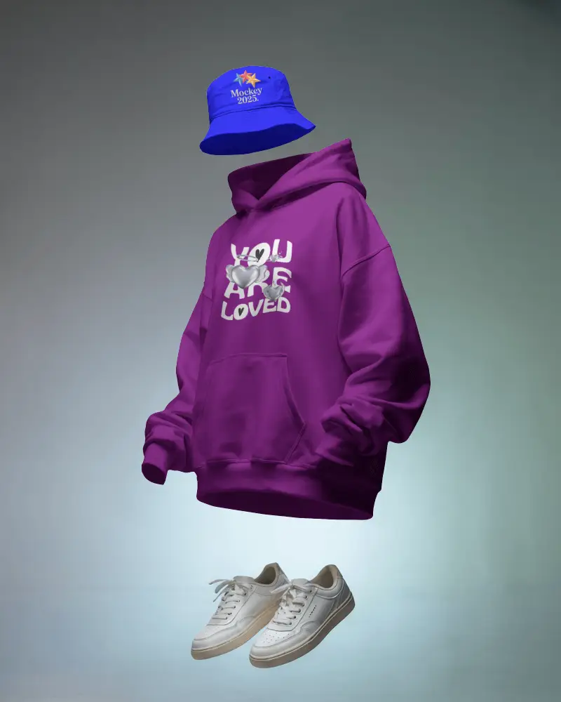 Floating Hoodie Mockup With Hat And Sneakers Suspended In Air Modern Studio Presentation