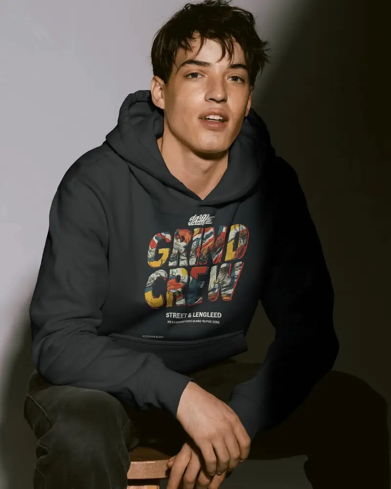 Trendy Relaxed Fit Hoodie Mockup Sitting Pose For Online Clothing Store Display