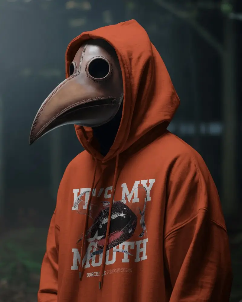 Trendy Oversized Hoodie Mockup With Unique Mask For Halloween Cosplay Outfit Presentation