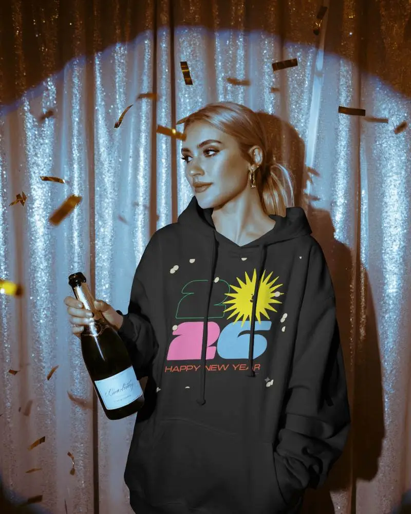 New Year Celebration Hoodie Mockup Female Model Holding Champagne With Glitter Curtain Backdrop