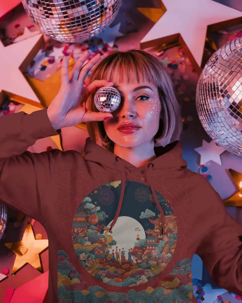 New Year Disco Hoodie Mockup Female Model With Mini Mirror Ball And Star Party Background 01306