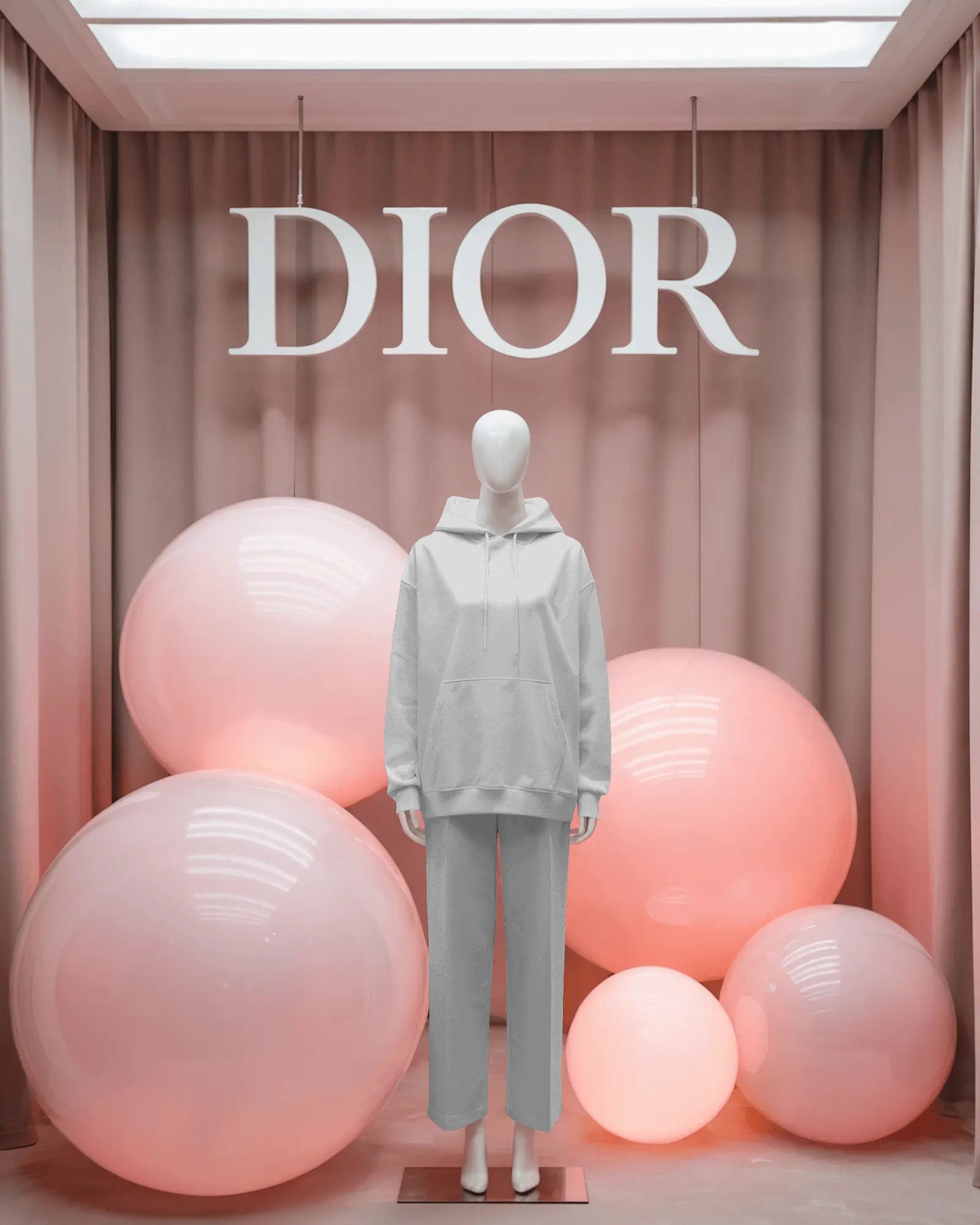 Luxury Fashion Display Hoodie Mockup In Dior Store With Pink Glow Ball Backdrop