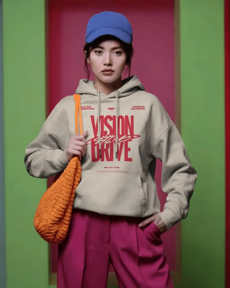 Color Block Confidence Hoodie Mockup With Bold Accessories And Modern Street Style