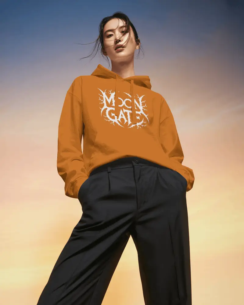 Sunset Sky Hoodie Mockup Female Model Low Angle Fashion Forward Look