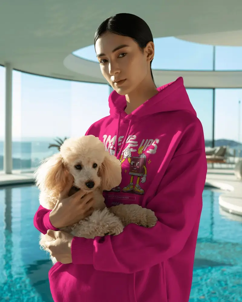 Modern Poolside Hoodie Mockup With Elegant Model And Cuddly Poodle In Sunlit Architectural Space