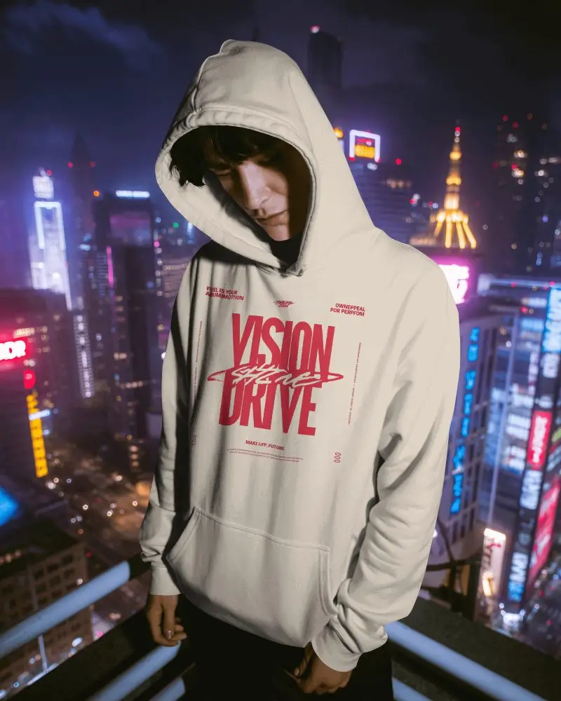 Neon City Rooftop Hoodie Mockup With Moody Model Framed By Glowing Skyline Lights