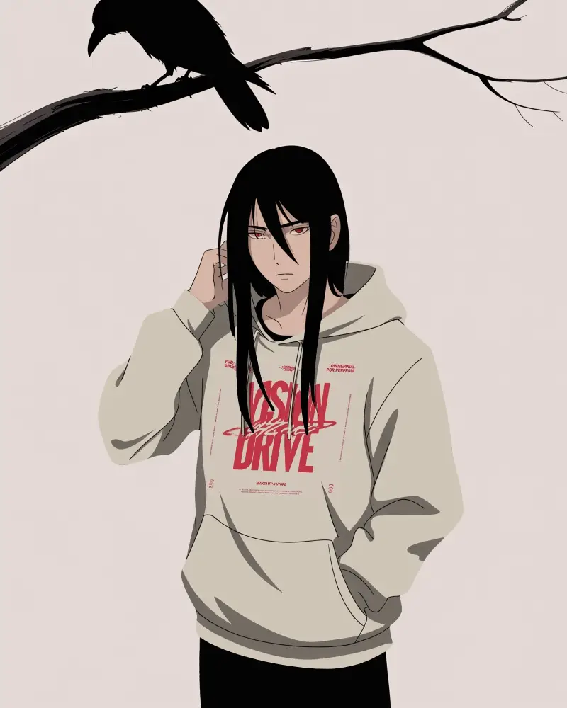 Anime Hoodie Mockup Male Character With Long Hair Standing Under Crow On Branch