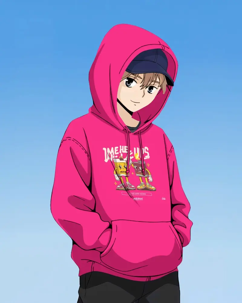 Anime Hoodie Mockup Male Character With Hood Up Standing Against Clear Blue Sky