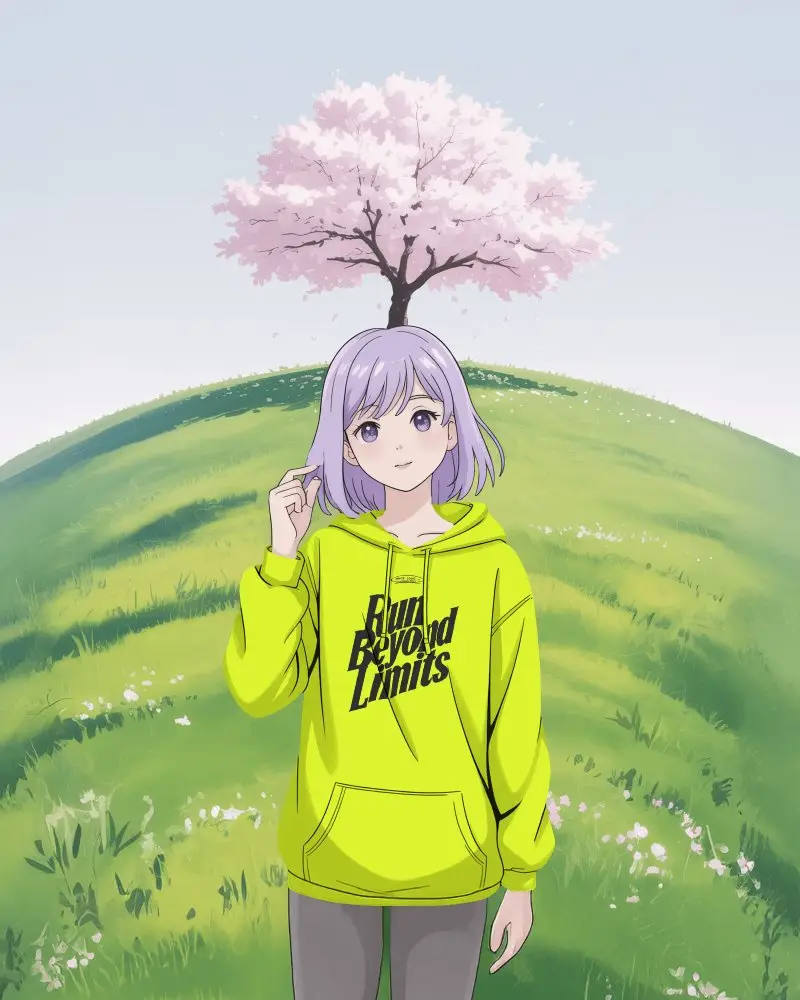 Anime Hoodie Mockup Female Character Standing On Green Hill Under Blooming Cherry Tree