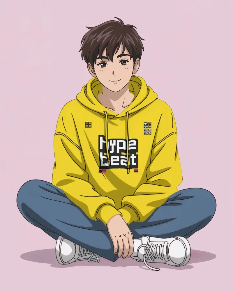 Anime Hoodie Mockup Male Character Sitting Cross Legged In Soft Pastel Background