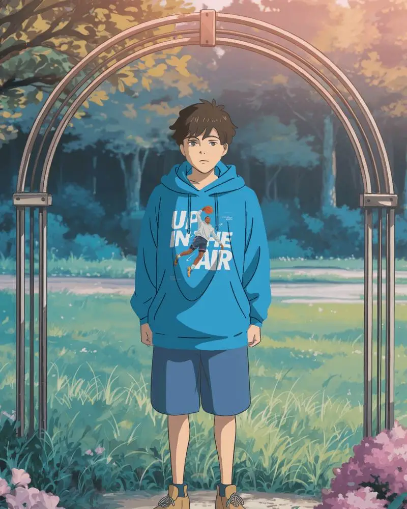 Outdoor Anime Hoodie Mockup Boy In Peaceful Park Setting With Warm Evening Glow