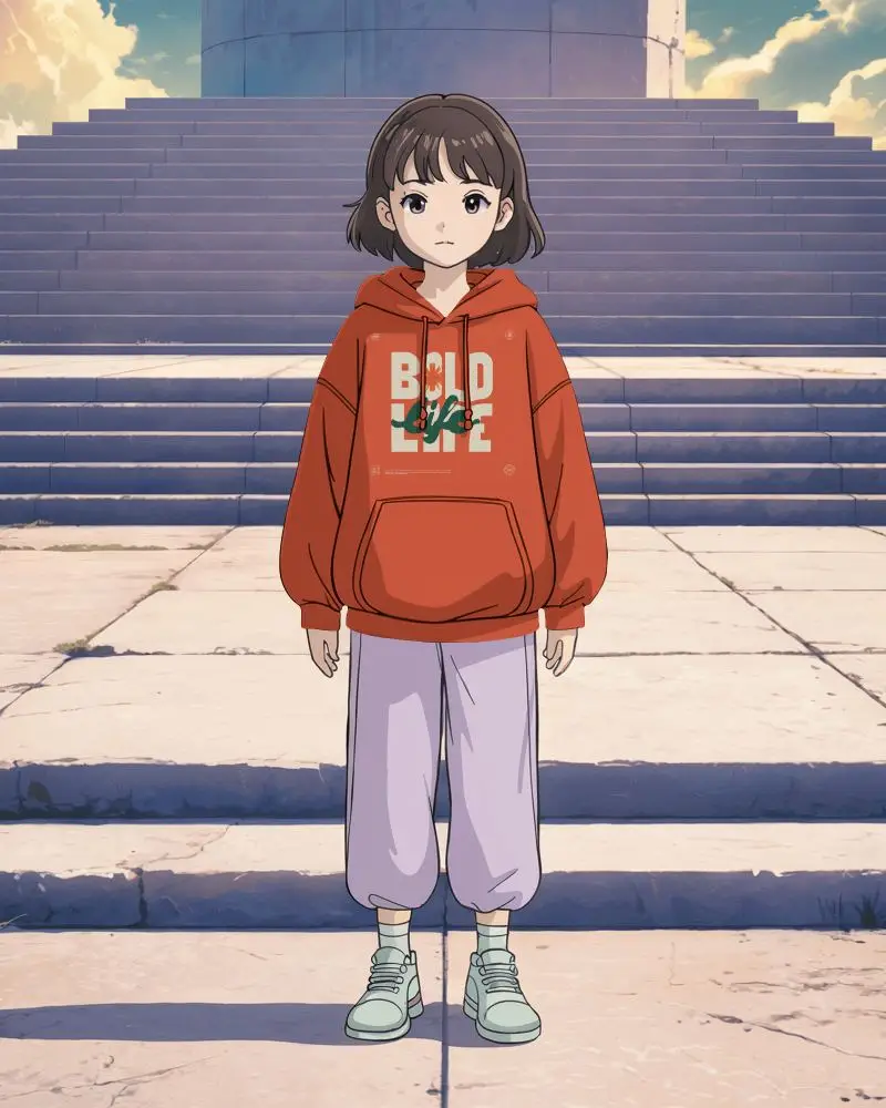 Anime Hoodie Mockup Girl Standing On Marble Steps In Soft Evening Light