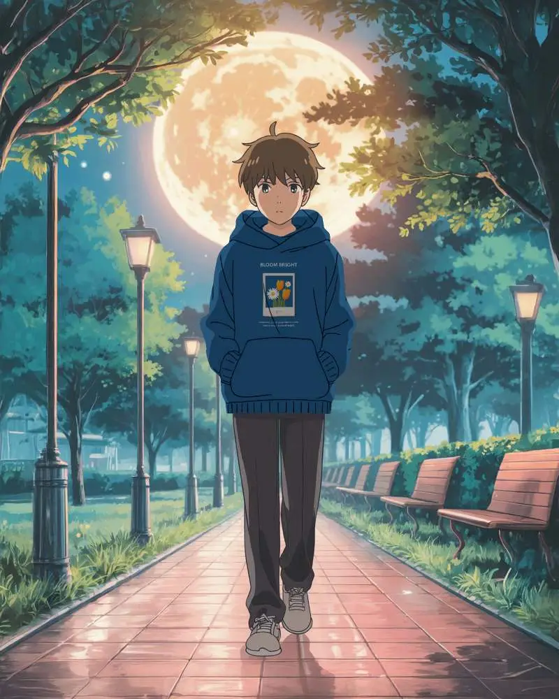 Anime Hoodie Mockup Male Character Walking Under Huge Moon In Quiet Park Path