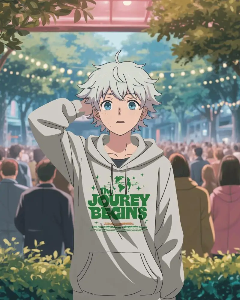 Anime Hoodie Mockup Male Character In Crowded Festival Scene With String Lights
