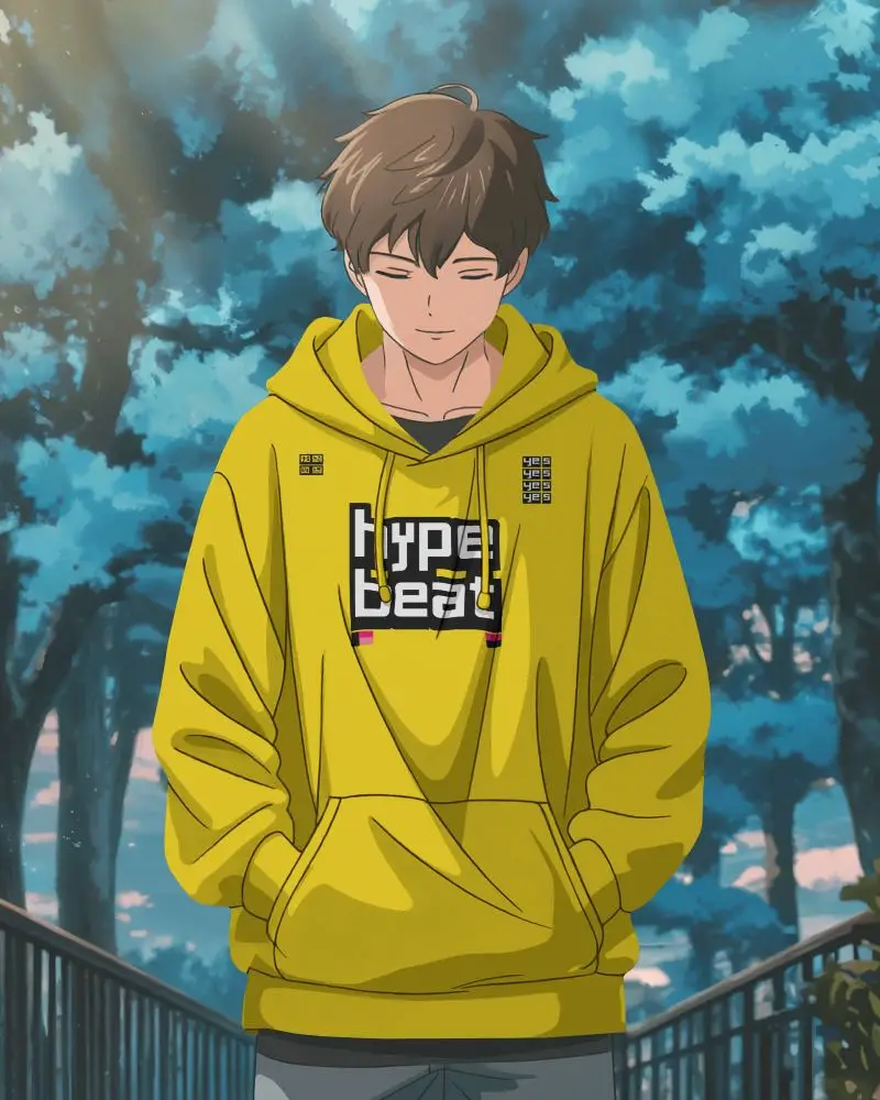Serene Anime Hoodie Mockup Boy Standing In Soft Forest Lighting Calm And Cozy Style