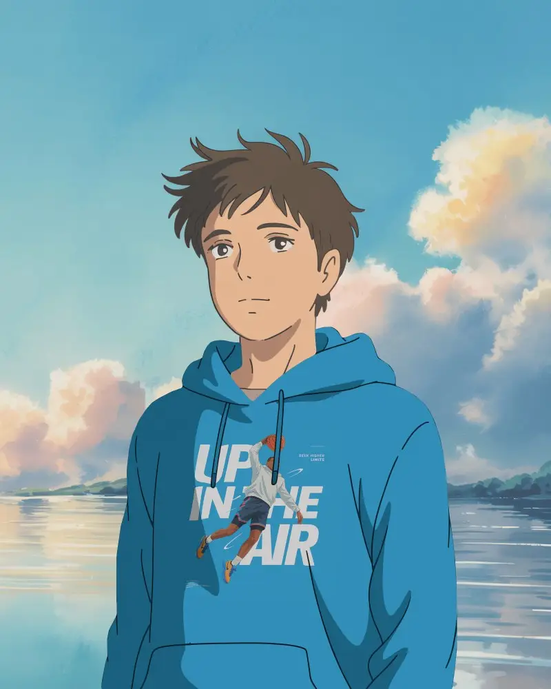 Anime Hoodie Mockup Male Character Standing By Lake Under Warm Cloudy Sky