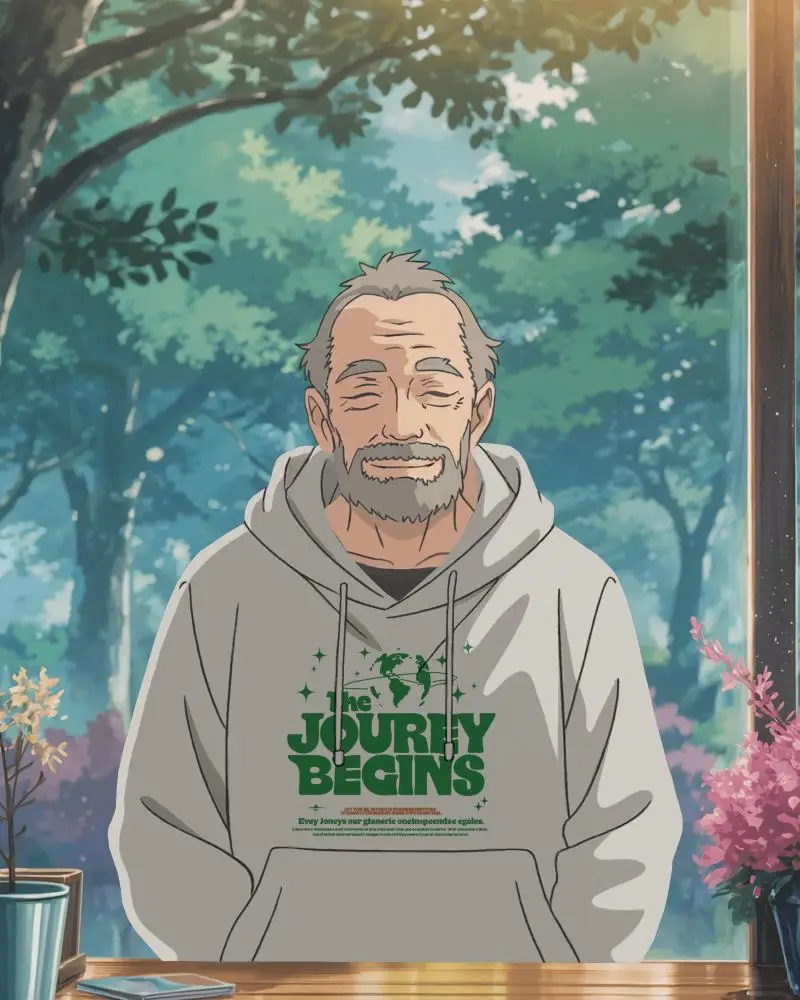 Cozy Anime Hoodie Mockup Older Man Smiling In Sunlit Cafe With Forest View