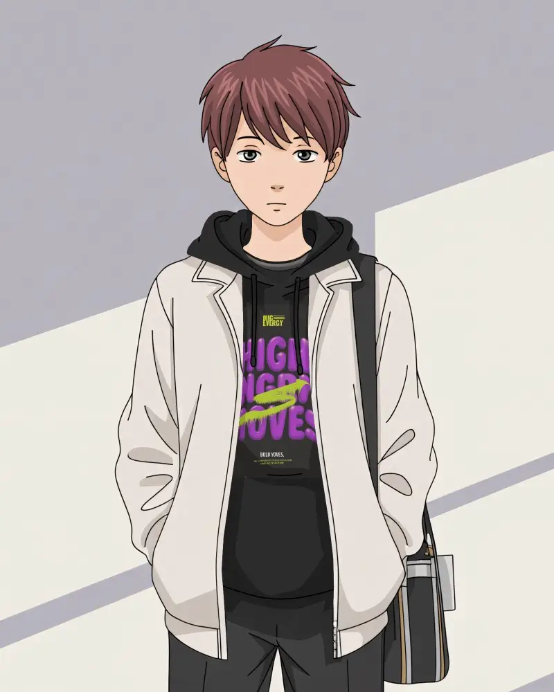 Modern Anime Hoodie Mockup Student Boy In Light Jacket Minimal Urban Setting