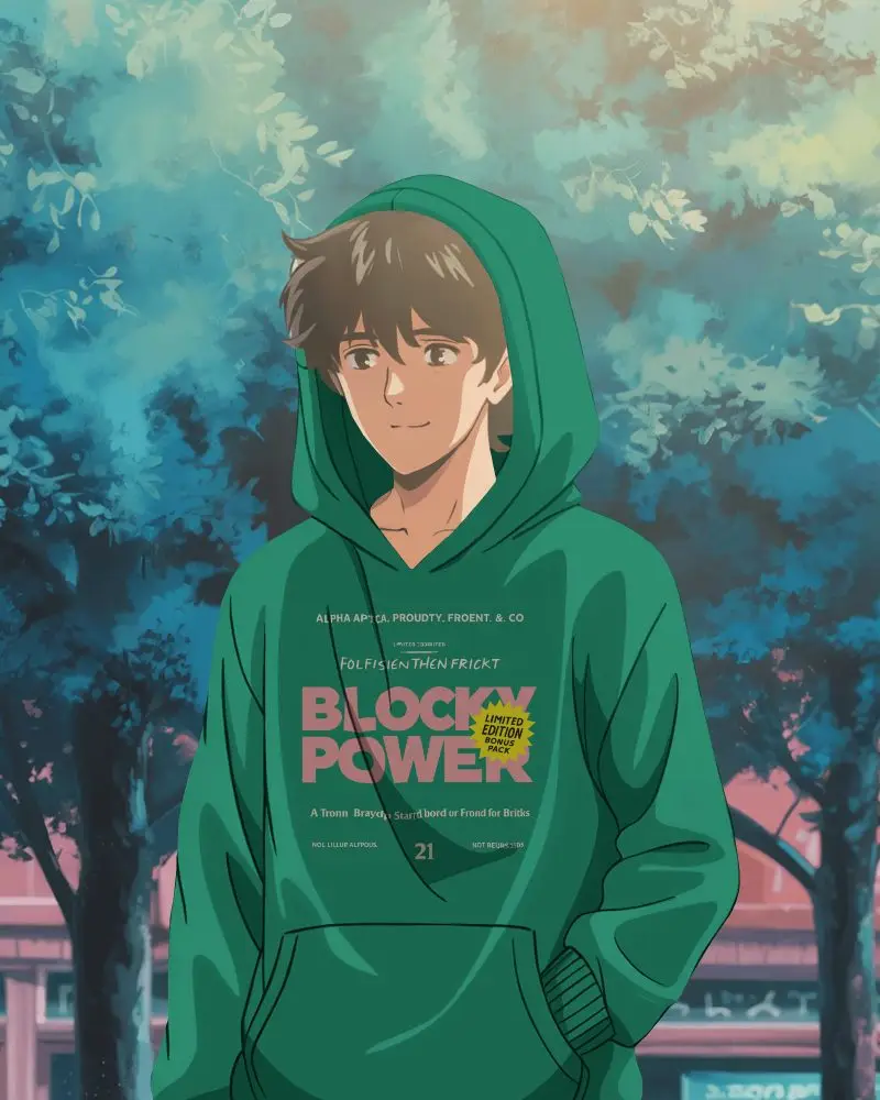Anime Hoodie Mockup Boy With Hood Up In Sunlit Park Soft Warm Forest Light