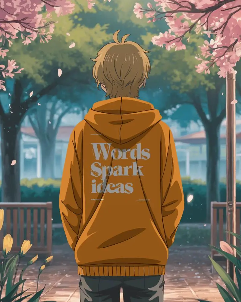 Cherry Blossom Anime Hoodie Mockup Boy Standing Under Petals In Spring Garden