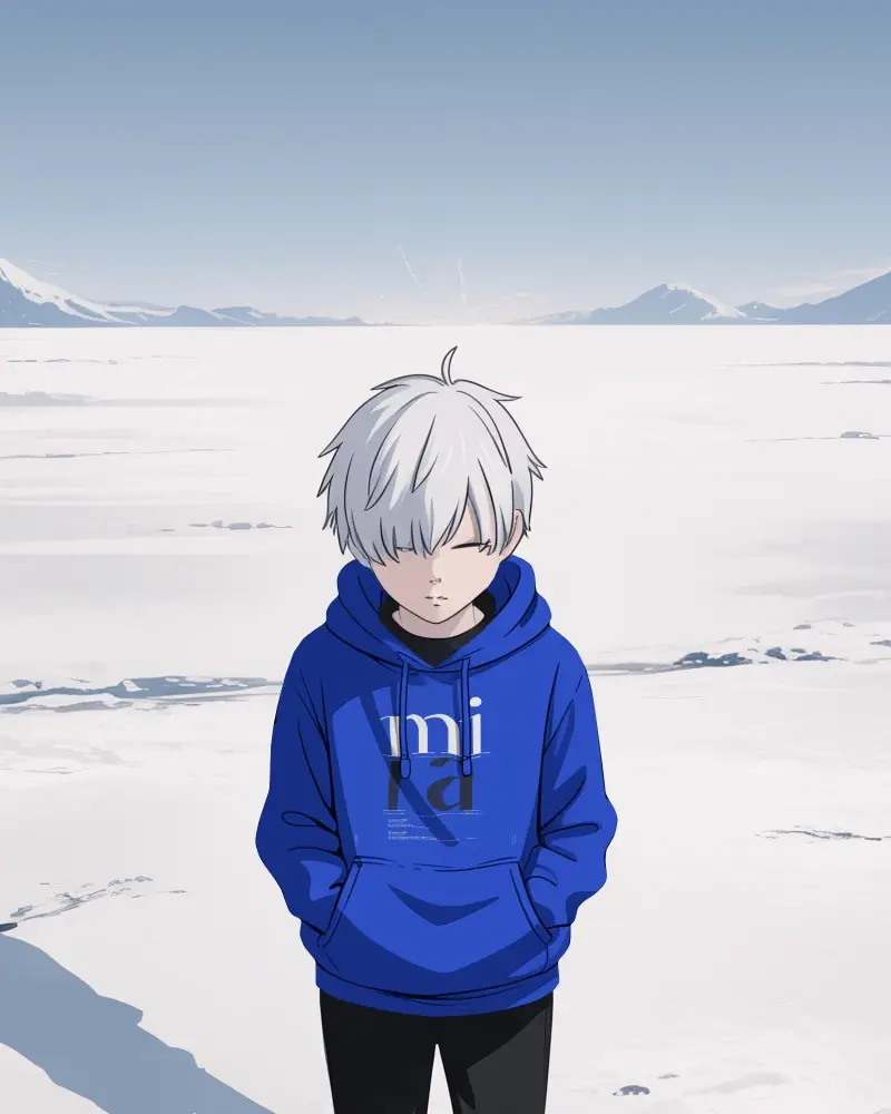 Snowy Expanse Anime Hoodie Mockup Boy Standing Alone In Bright Winter Landscape