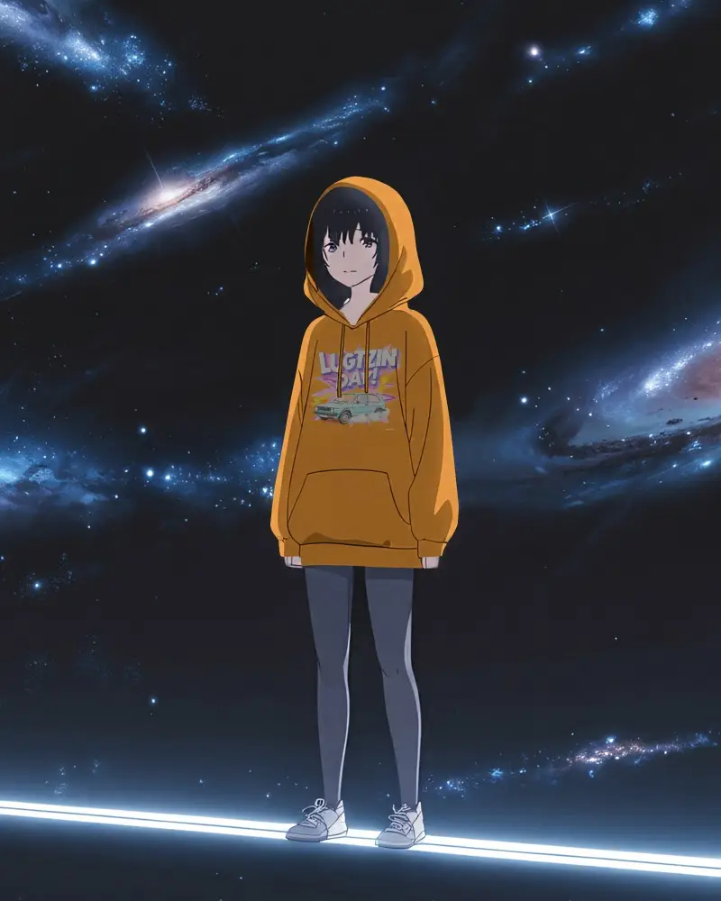 Cosmic Anime Hoodie Mockup Girl Standing Against Galaxy Night Sky
