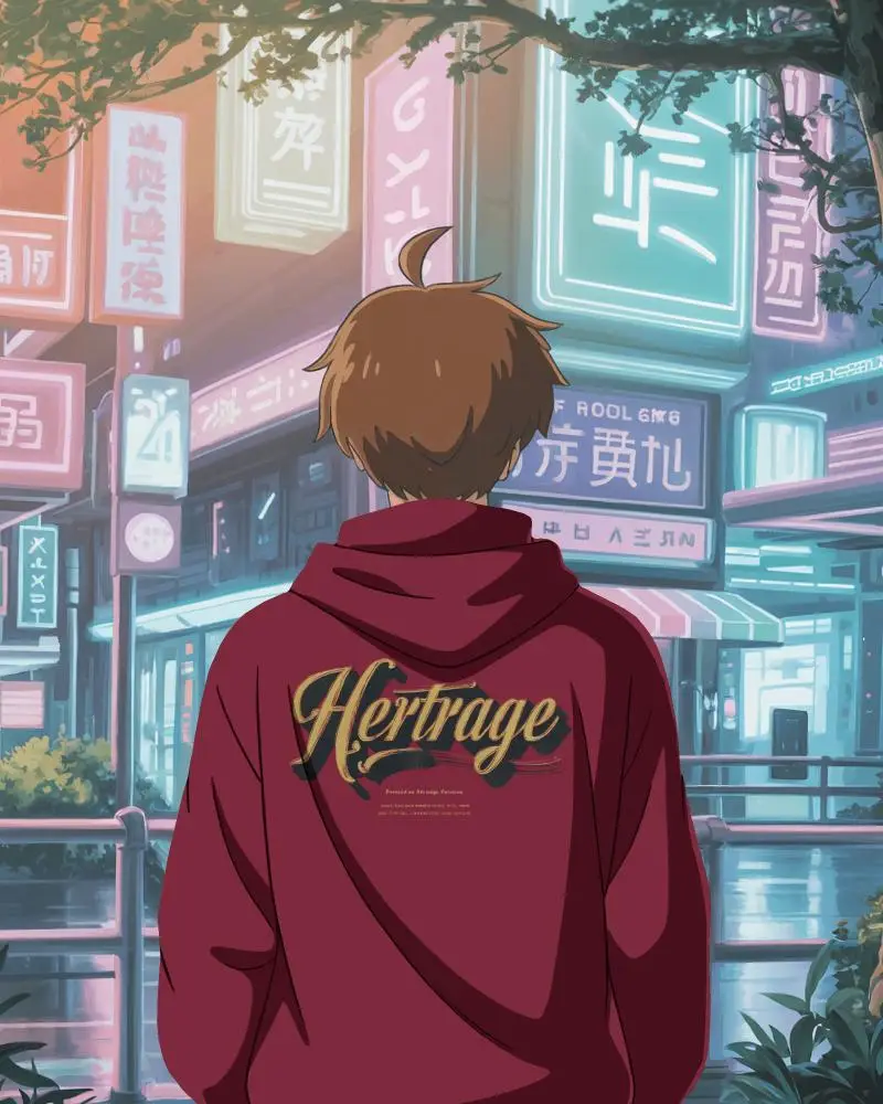 Neon City Anime Hoodie Mockup Back View Boy Under Glowing Signs At Night