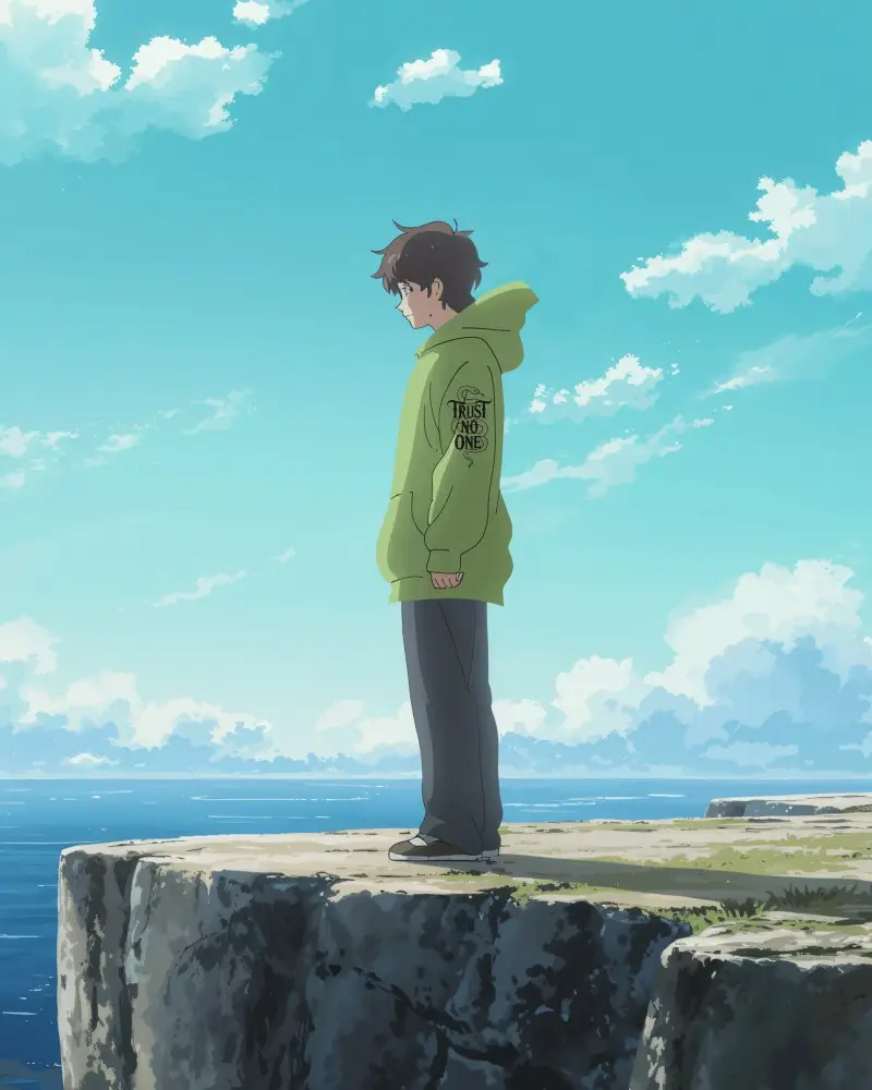 Ocean Cliff Anime Hoodie Mockup Boy Standing In Bright Windy Seaside Scene