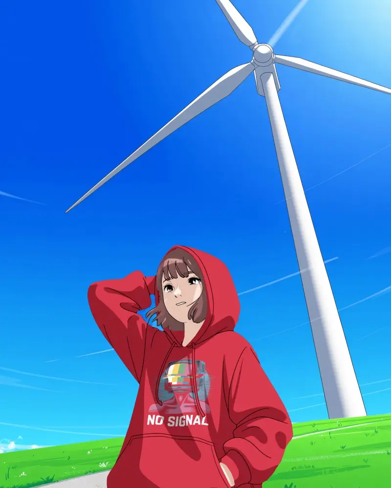 Sunny Field Anime Hoodie Mockup Girl Standing By Tall Wind Turbine