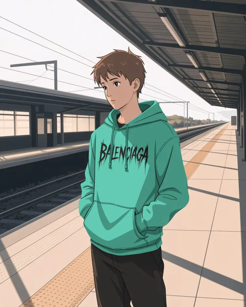 Sunlit Station Anime Hoodie Mockup Boy Waiting On Empty Platform