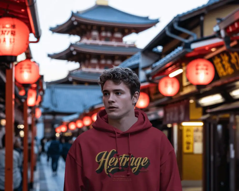 Hoodie Mockup Male Model In Japanese Street With Red Lanterns Cultural Urban Night Scene