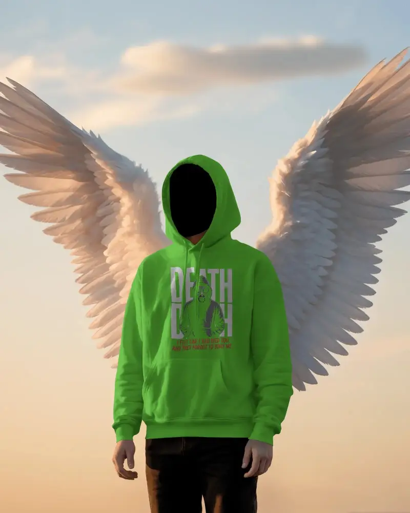 Athletic Hoodie Mockup With Realistic Angel Wings Background For Fashion Brand